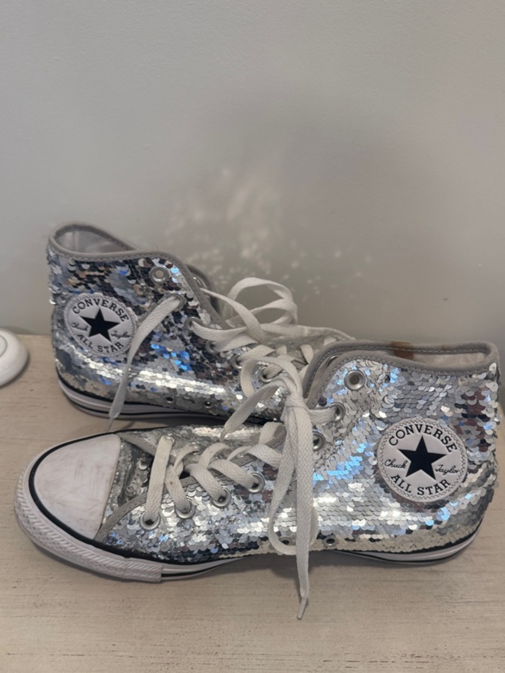Converse Silver Sequin High Top Sneakers Size 9 - Picture 4 of 5